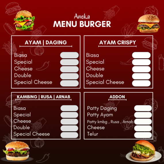 Print Sticker Menu Burger ( Basic Menu ) Harga Kilang Rm3.50 Sekaki